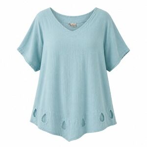 CottonWays Womens Light Blue Cotton Gauze Cutout Asymmetric Hem Top Size 4/4X